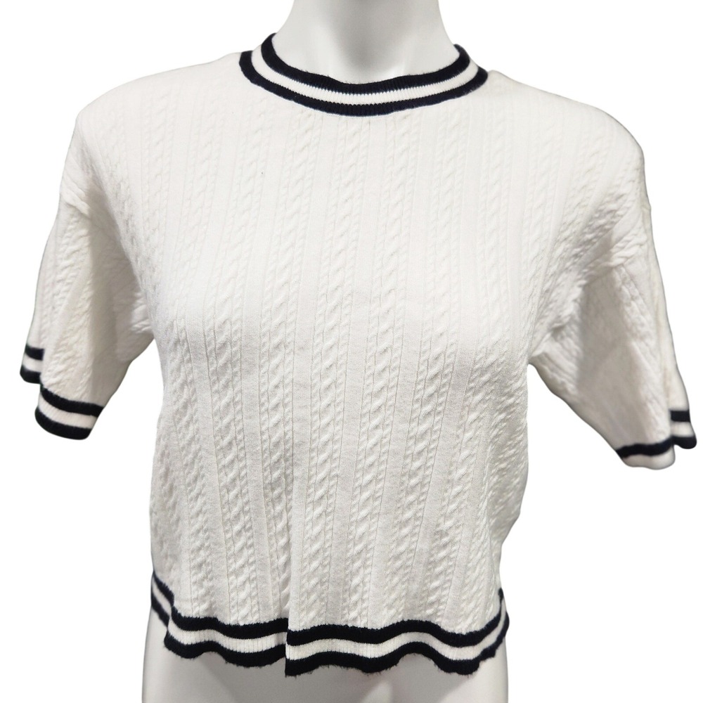 Sincerely Jules Cable‎ Knit Short Sleeve Sweater Cropped Stripe Trim